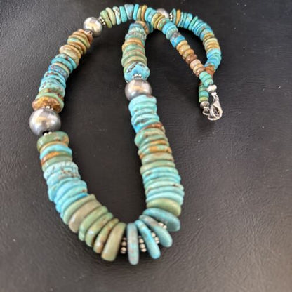 Navajo Blue Green Turquoise Bead Necklace | Sterling Silver | Authentic Native American | 20" | 14242