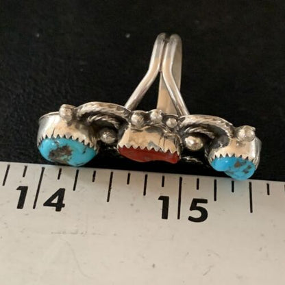 Navajo Kingman Turquoise Coral Ring | Authentic Native American Sterling Silver | Multi-Stone | Sz 8 | 14129