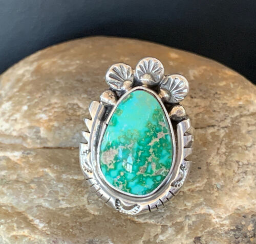 Women's Navajo Green Sonoran Turquoise Ring | Sterling Silver | Sz 9.5 | Authentic Native American Handmade | 10419