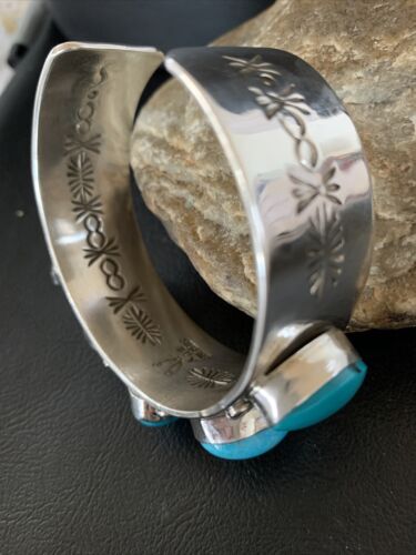 Navajo Kingman Turquoise Row Cuff Bracelet | Sterling Silver | Authentic Native American Handmade | 1410