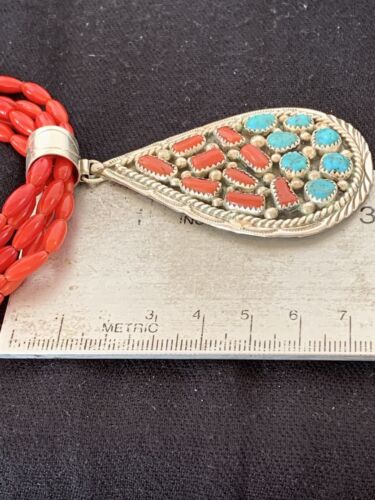 Navajo Coral Turquoise 5-Strand Necklace | Sterling Silver | Authentic Native American Handmade | 00510