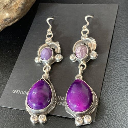 Navajo Purple Sugilite Dangle Earrings | Sterling Silver | 2" | Authentic Native American Handmade | 12881