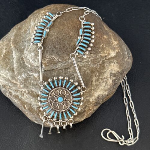 Zuni Kingman Turquoise Needle Point Necklace Pendant Set | Sterling Silver | Authentic Native American Handmade | 14535
