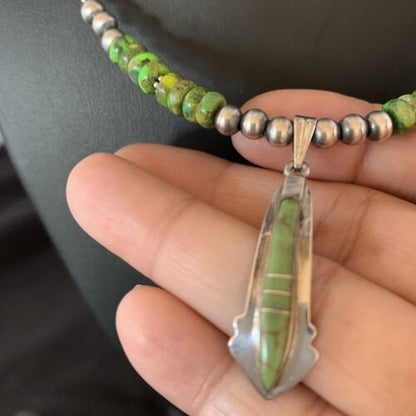 Navajo Green Gaspeite Turquoise Inlay Pendant | Sterling Silver | Authentic Native American Handmade | 13268