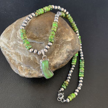Navajo Green Gaspeite Turquoise Pendant | Sterling Silver | Authentic Native American Handmade | 13272