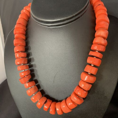 Navajo Orange Bamboo Coral Bead Necklace | 16mm | Sterling Silver | 17" | Authentic Native American Handmade | 13524