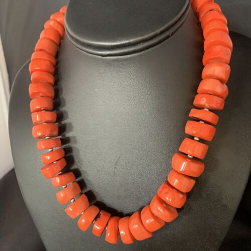 Navajo Orange Bamboo Coral Bead Necklace | 16mm | Sterling Silver | 17" | Authentic Native American Handmade | 13524