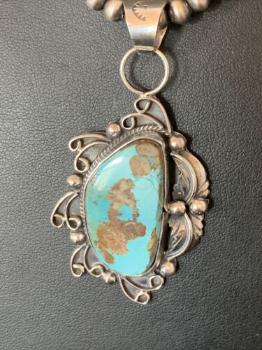 Men's Navajo Blue Dry Creek Turquoise Pendant | Sterling Silver | Pearl Necklace | Native American | 12973