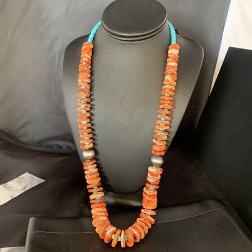 Orange Spiny Oyster & Blue Turquoise Graduated Necklace | Sterling Silver | Authentic Native American | 28" | 13713