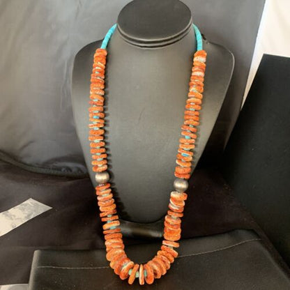 Orange Spiny Oyster & Blue Turquoise Graduated Necklace | Sterling Silver | Authentic Native American | 28" | 13713