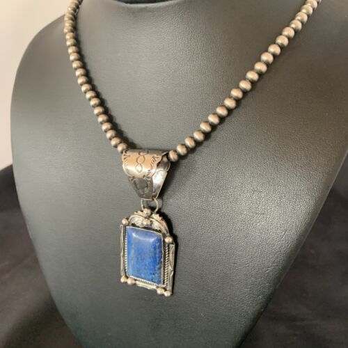 Navajo Denim Lapis Necklace with Pendant | Sterling Silver Pearls | Authentic Native American Handmade | 12438