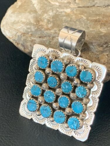Navajo Blue Turquoise Cluster Pendant | Sterling Silver | 2" | Authentic Native American Handmade | 02098