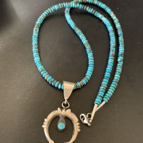 Navajo Sterling Silver Blue Turquoise Pendant Necklace | 6mm Beads | 24" | Authentic Native American Handmade | 12776