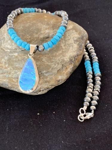 Navajo Blue Turquoise Necklace with Opal Pendant | Sterling Silver | Authentic Native American Handmade | 566