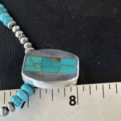 Navajo Blue Turquoise Inlay Pendant Necklace | Sterling Silver | 22" | Authentic Native American Handmade | 14602
