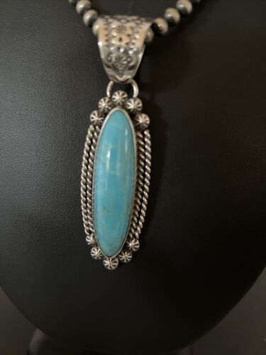 Men's Kingman Turquoise Pendant | Navajo Pearl Sterling Silver Necklace | Authentic Native American Handmade | 1070