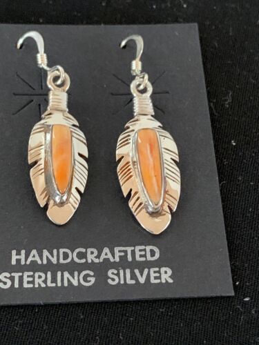 Navajo Orange Spiny Oyster Feather Earrings Set | Sterling Silver | Authentic Native American Handmade | 2741