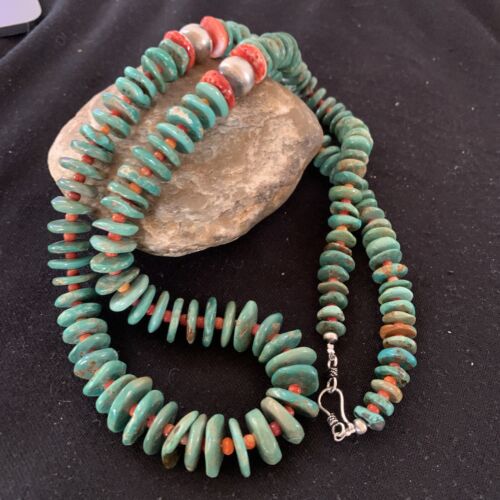 Authentic Native American Navajo Necklace | Sterling Silver | Green Turquoise & Spiny Oyster | 32" | 1670