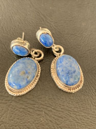 Navajo Denim Lapis Dangle Earrings | Sterling Silver | 1.1" | Authentic Native American Handmade | 1701