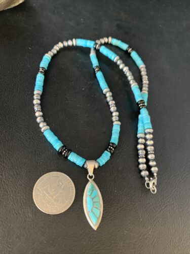 Navajo Inlay Blue Turquoise Onyx Inlay Pendant Necklace | Sterling Silver | Authentic Native American Handmade | 13797