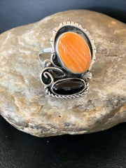 Navajo Black Onyx Orange Spiny Oyster Multi-Stone Ring | Authentic Native American Sterling Silver | Sz 11 | 02168