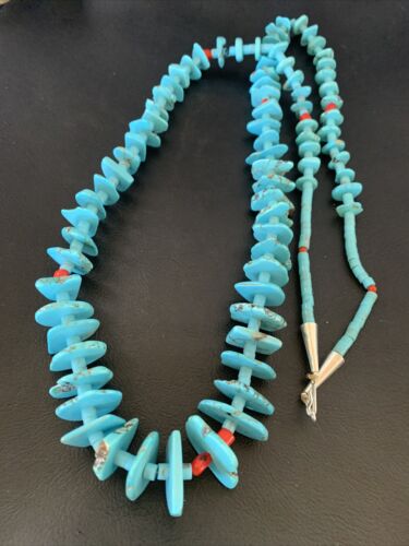 Authentic Native American Santo Domingo Necklace | Sterling Silver, Coral & Turquoise | 36" Graduated | 12068