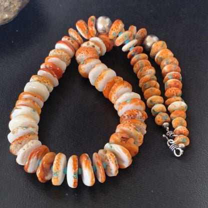 Navajo Turquoise & Orange Spiny Oyster Necklace | Sterling Silver | Authentic Native American | Graduated | 24" | 12733