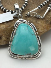 Men's Blue Turquoise Pendant | Navajo Pearls Sterling Silver Necklace | Authentic Native American Handmade | 3915