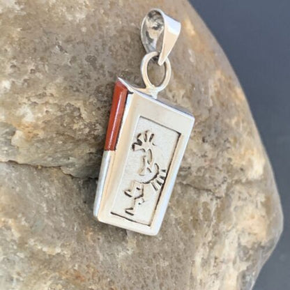 Navajo Kokopelli Coral Turquoise Inlay Pendant | Sterling Silver | Authentic Native American Handmade | 10880