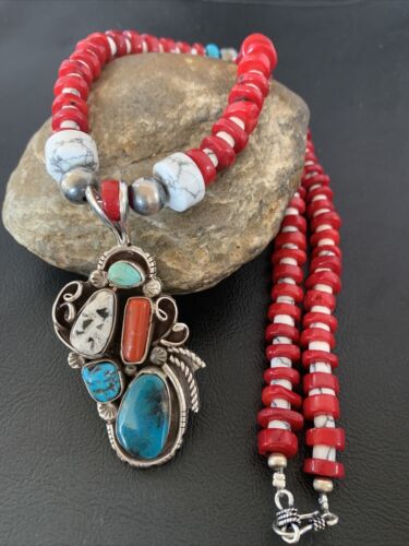 Navajo Coral, White Buffalo Turquoise, Spiny Oyster Pendant | Authentic Native American Sterling Silver | Multi-Stone | 1178