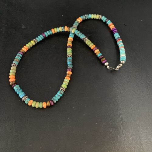 Navajo Blue Turquoise & Orange Spiny Oyster Necklace | Sterling Silver | 18" | 13434