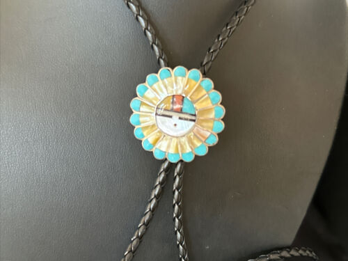 Men's Bolo Tie | Zuni Sunface Mother of Pearl Coral Turquoise Inlay | Sterling Silver | 14755