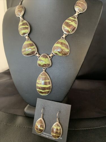 Navajo Green Gaspeite Necklace Choker Earrings Set | Sterling Silver Pendant | 19" | Authentic Native American Handmade | 13795
