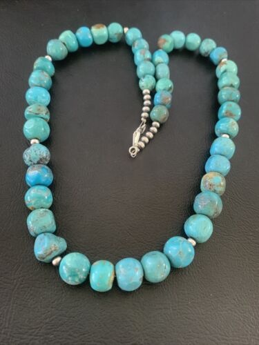 Navajo Blue Turquoise Bead Necklace Pendant | Sterling Silver | Authentic Native American Handmade | 20" | 02205