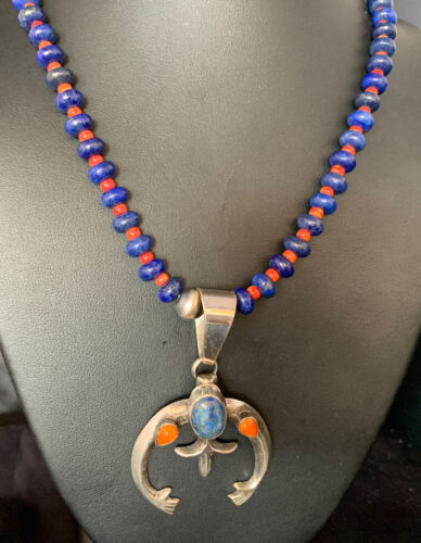 Navajo Blue Lapis Spiny Oyster Pendant Necklace | Authentic Native American Sterling Silver | Naja | 13707 - Masha USA