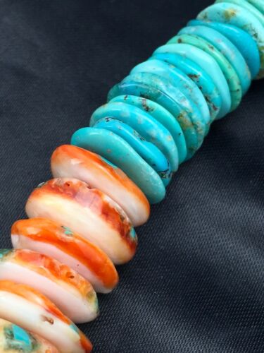 Spiny Oyster & Turquoise Graduated Necklace | Sterling Silver | Authentic Native American Navajo | 17" | 3004