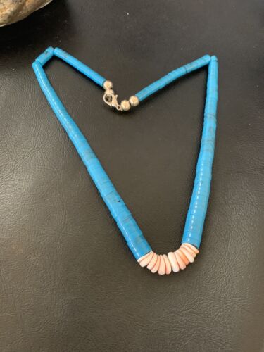 Southwestern Santo Domingo Spiny Oyster & Blue Turquoise Graduated Necklace | Authentic Native American | 19" | 12526
