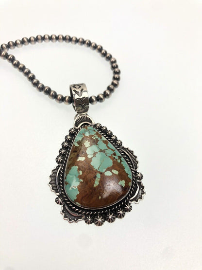 Navajo Pearls Necklace with Blue Turquoise #8 Pendant | Sterling Silver | Native American Handmade | 11294