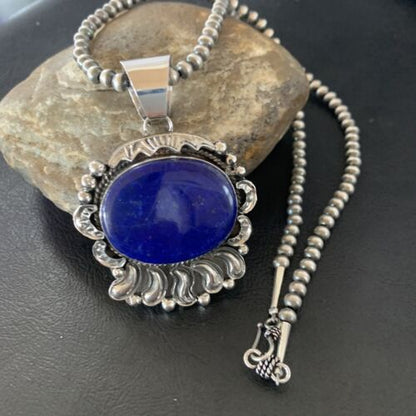 Native American Blue Lapis Pendant Necklace | Navajo Sterling Silver | Authentic Handmade | 14114