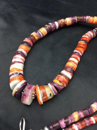 Orange Purple Spiny Oyster Sterling Silver Navajo Necklace Set | Graduated | Authentic Native American Handmade | 20" | 2777