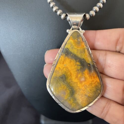 Men's Navajo Pearls Necklace with Bumblebee Jasper Pendant | Sterling Silver | Authentic Native American Handmade | 10560