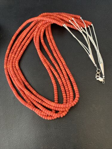 Navajo Red Coral 5-Strand Sterling Silver Turquoise Bead Necklace 22" | Native American Jewelry 12622
