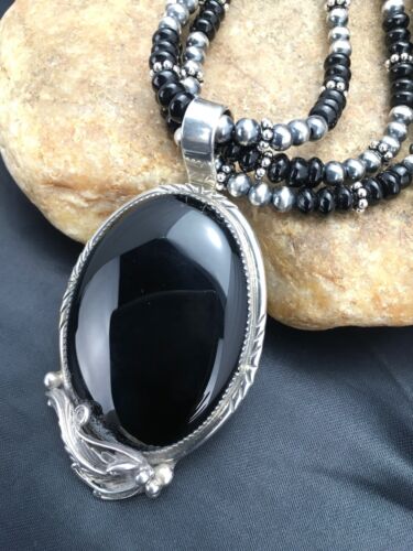 Navajo Pearls Sterling Silver Black Onyx Necklace | 3 Strand Pendant | 23" | Authentic Native American Handmade | 1012