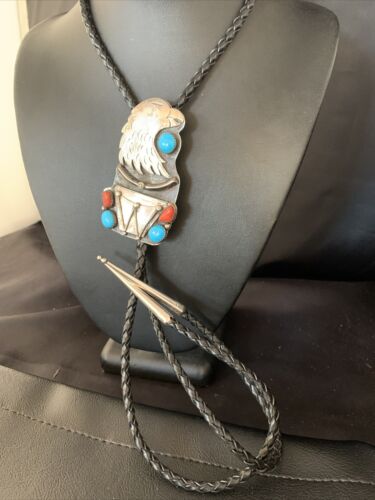 Navajo Eagle Head Bolo Tie | Men's Blue Kingman Turquoise Coral | Sterling Silver | 13670 - Masha USA