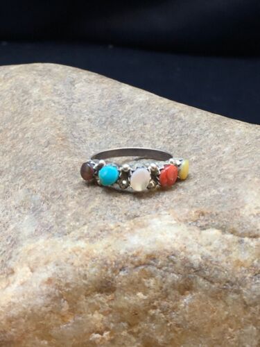 Zuni Blue Opal, Coral, Turquoise Multi-Stone Ring | Authentic Native American Sterling Silver | Multi-Stone | Sz 6.25 | 2501