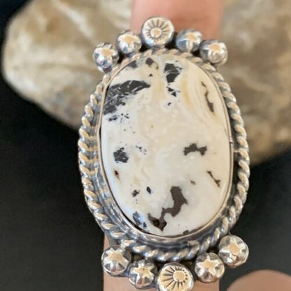 Navajo White Buffalo Turquoise Ring | Sterling Silver | Sz 7.5 | Authentic Native American Handmade | 13352