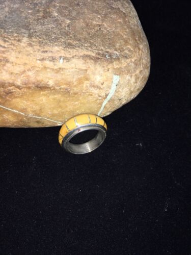 Navajo Yellow Gold Turquoise Inlay Ring | Sterling Silver | Sz 6.5 | 01781