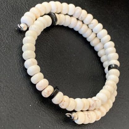 Memory Wire Stainless Steel Howlite Onyx Bead Bracelet | Sterling Silver | Native American Handmade | 1957