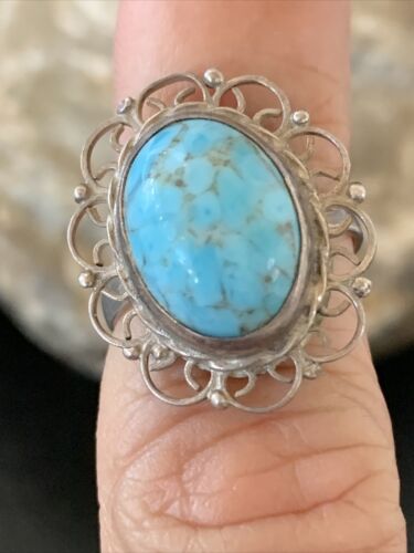 Southwestern Old Pawn Navajo Blue Turquoise Ring | Sterling Silver | Sz 5 | Authentic Native American Handmade | 10781