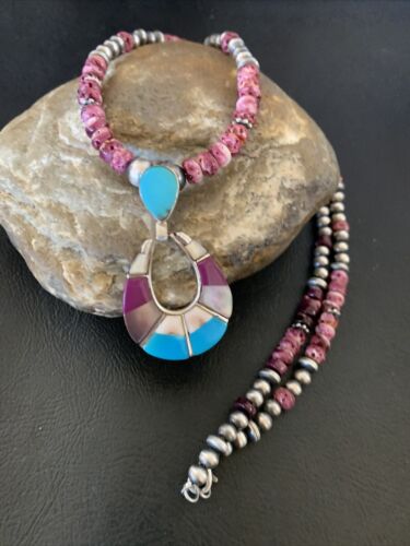 Navajo Sterling Silver Necklace | Turquoise & Purple Spiny Oyster Inlay Pendant Set | 18" | 12331